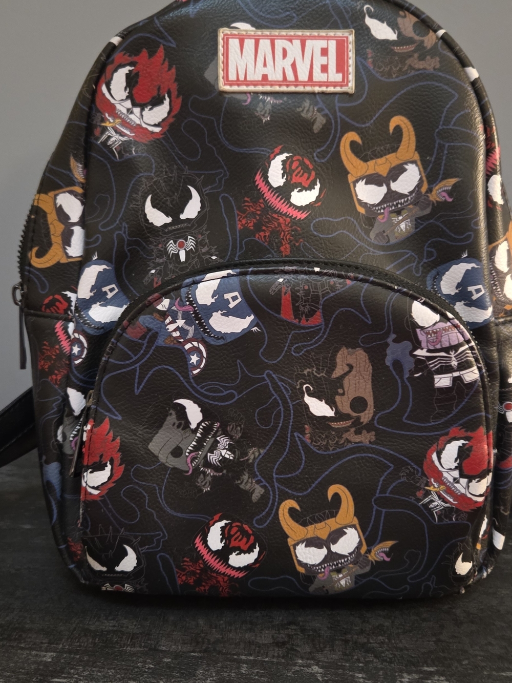 Loungefly Black Marvel Supervillain Mini Backpack with Multicolor Icons